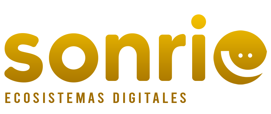 Logotipo en color oro de Sonríe Ecosistemas Digitales, con tipografía minimalista y símbolo de sonrisa estilizada que representa la identidad premium de la agencia